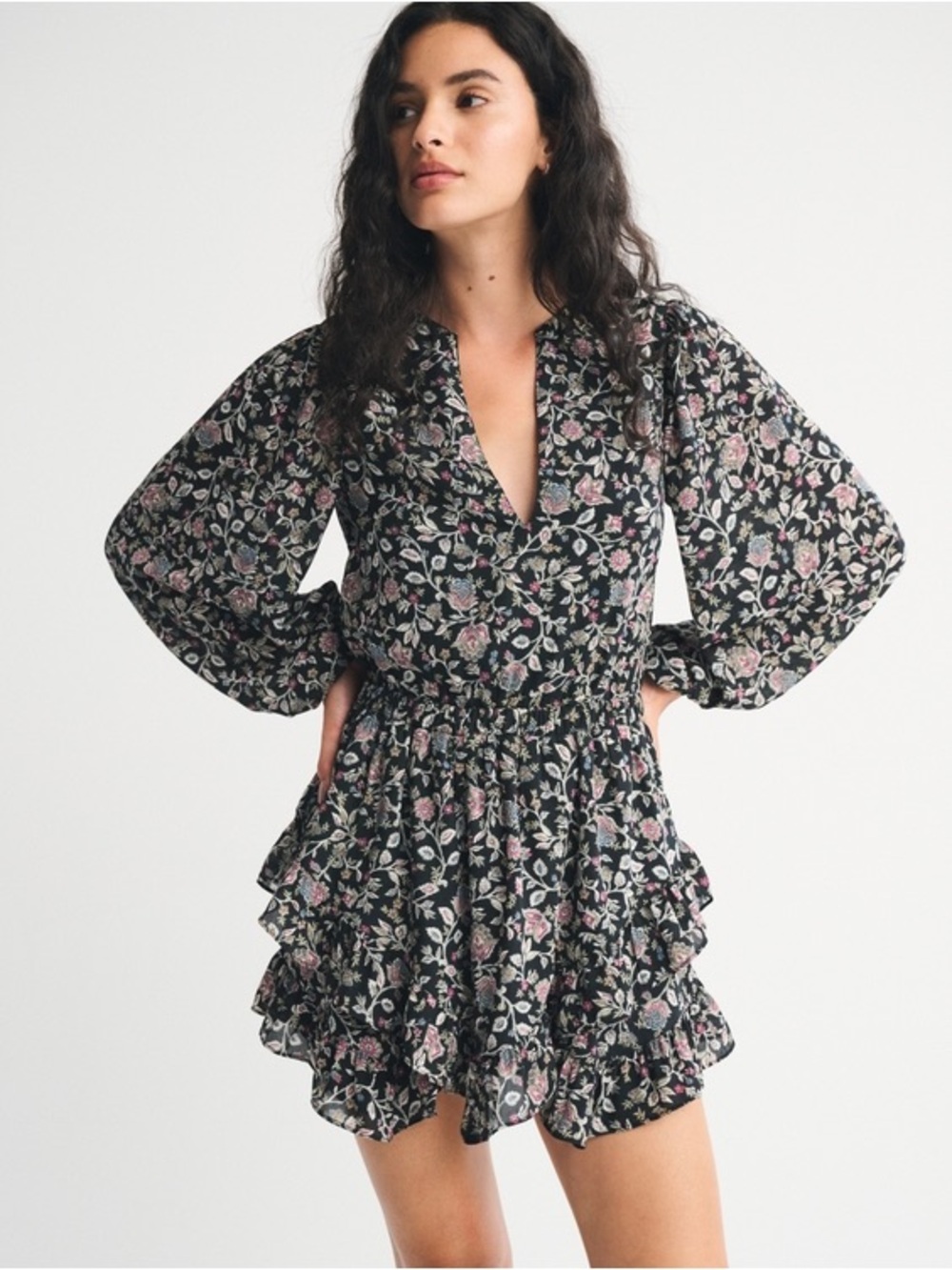 Abercrombie & Fitch Black Floral Long-Sleeve Ruffle Mini Dress